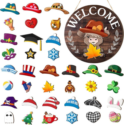 🐮 Interchangeable Highland Cow Welcome Sign – Seasonal Door Hanger