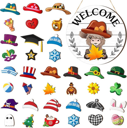 🐮 Interchangeable Highland Cow Welcome Sign – Seasonal Door Hanger
