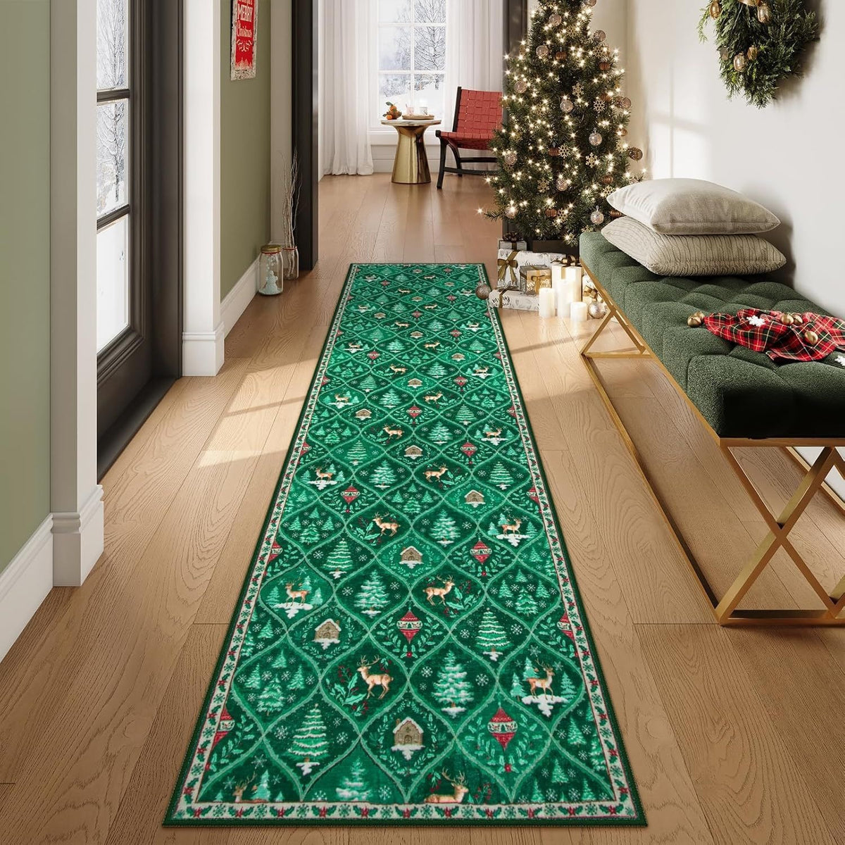 🎄 Vintage Christmas Runner Rug – Washable Non-Slip Holiday Hallway Carpet