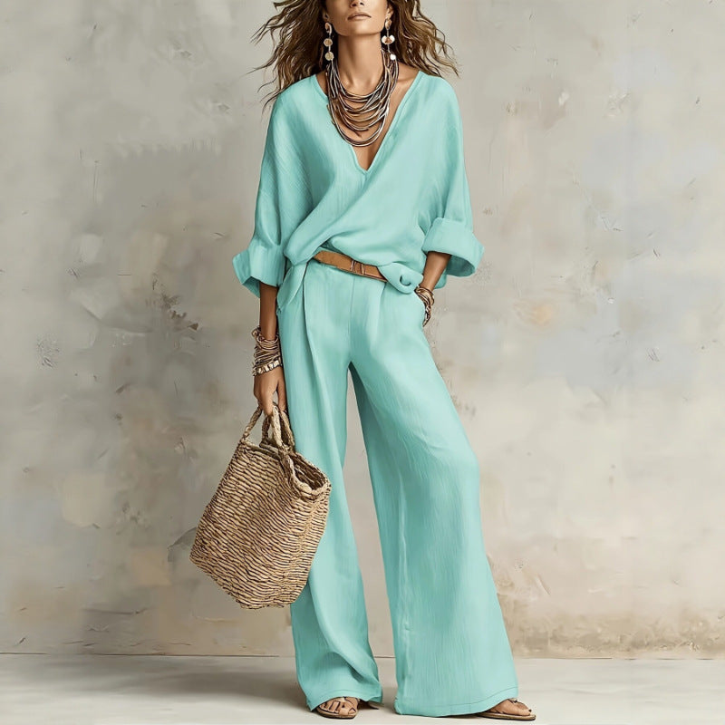 📦📦LAST DAY SAVE 49% ⏰Women's Casual Linen Vacation Set – Three-Quarter Sleeve Top & Full-Length Pants