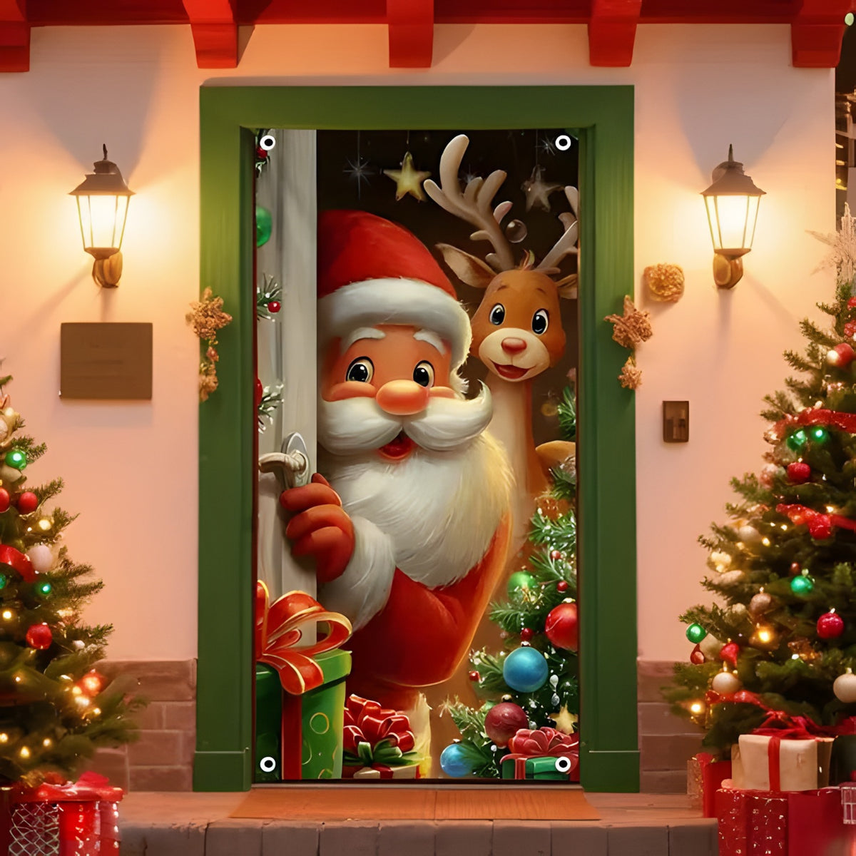 🎅 Santa & Reindeer Christmas Door Cover – Instant Holiday Door Makeover