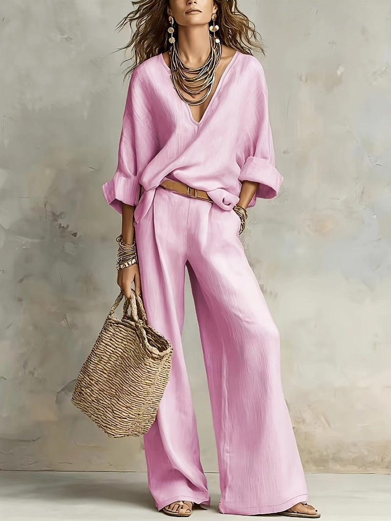 📦📦LAST DAY SAVE 49% ⏰Women's Casual Linen Vacation Set – Three-Quarter Sleeve Top & Full-Length Pants