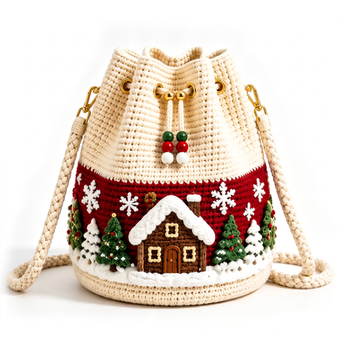 🎄 Merry Christmas Crochet Bucket Bag – Festive Holiday Crossbody Purse
