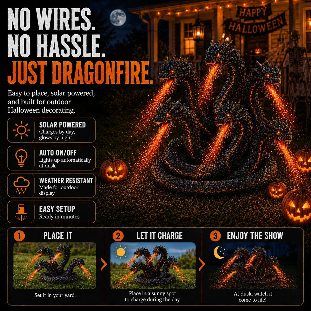 🔥HOT SALE🔥🎃 Fire-Breathing Orochi Solar Garden Light – Epic Multi-Headed Dragon Halloween Decor