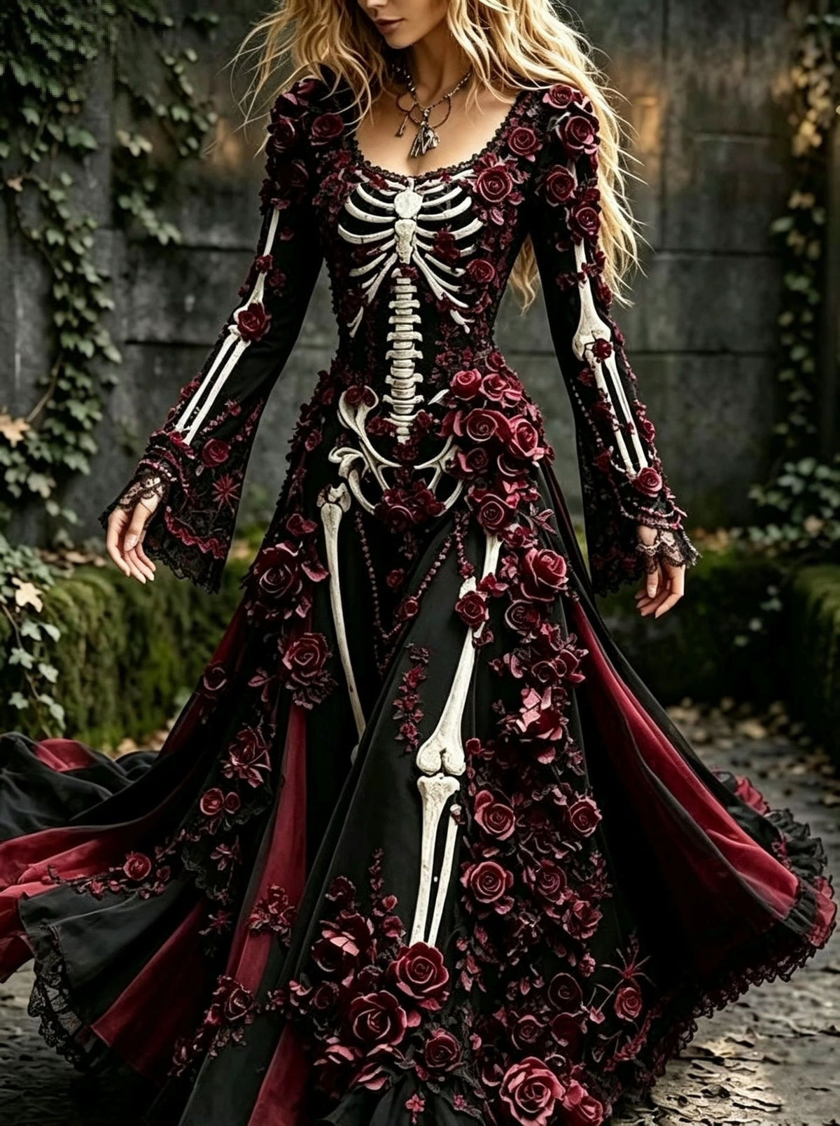 🌹 Gothic Skeleton & Rose Maxi Dress – Vintage Halloween Long Sleeve Dress