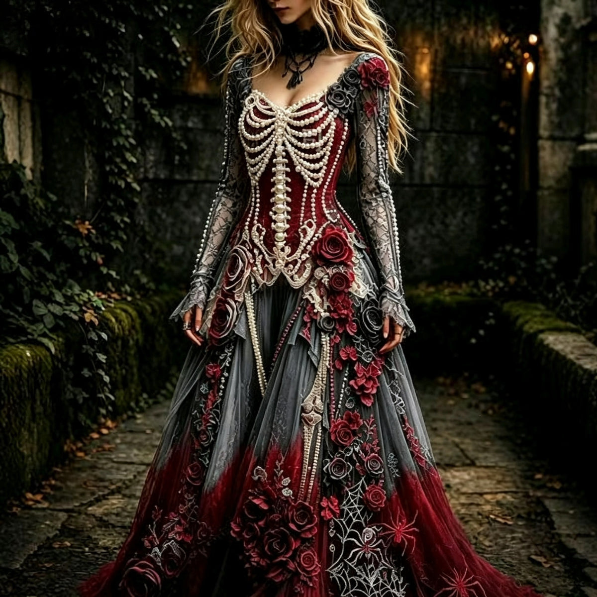 🌹 Gothic Skeleton & Rose Maxi Dress – Vintage Halloween Long Sleeve Dress