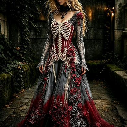 🌹 Gothic Skeleton & Rose Maxi Dress – Vintage Halloween Long Sleeve Dress