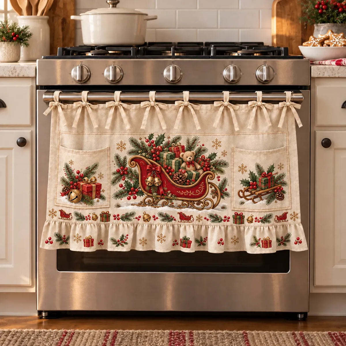🎄 Christmas Kitchen Tie-On Skirt | Festive Holiday Designs with Pockets & Ruffled Trim ✨