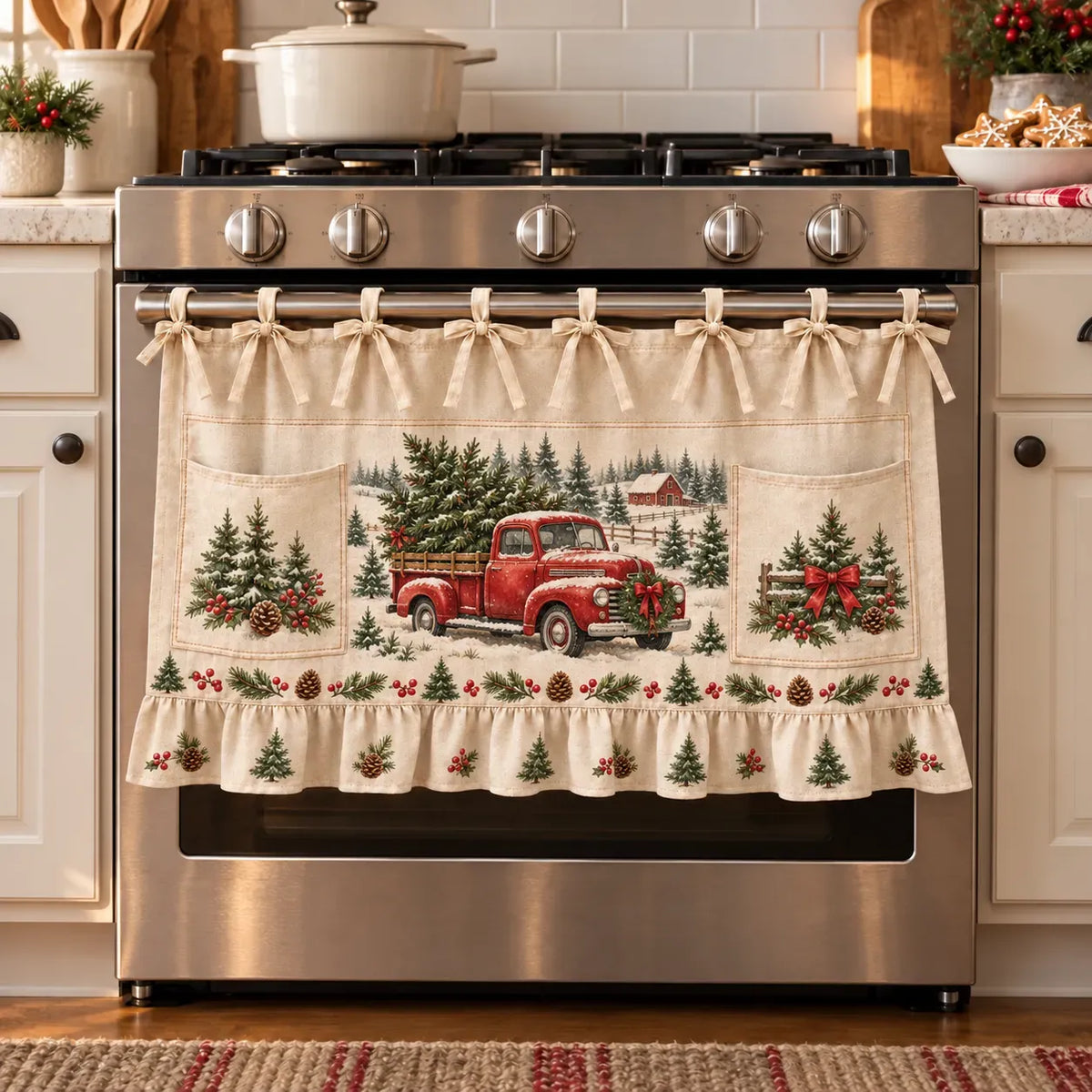 🎄 Christmas Kitchen Tie-On Skirt | Festive Holiday Designs with Pockets & Ruffled Trim ✨