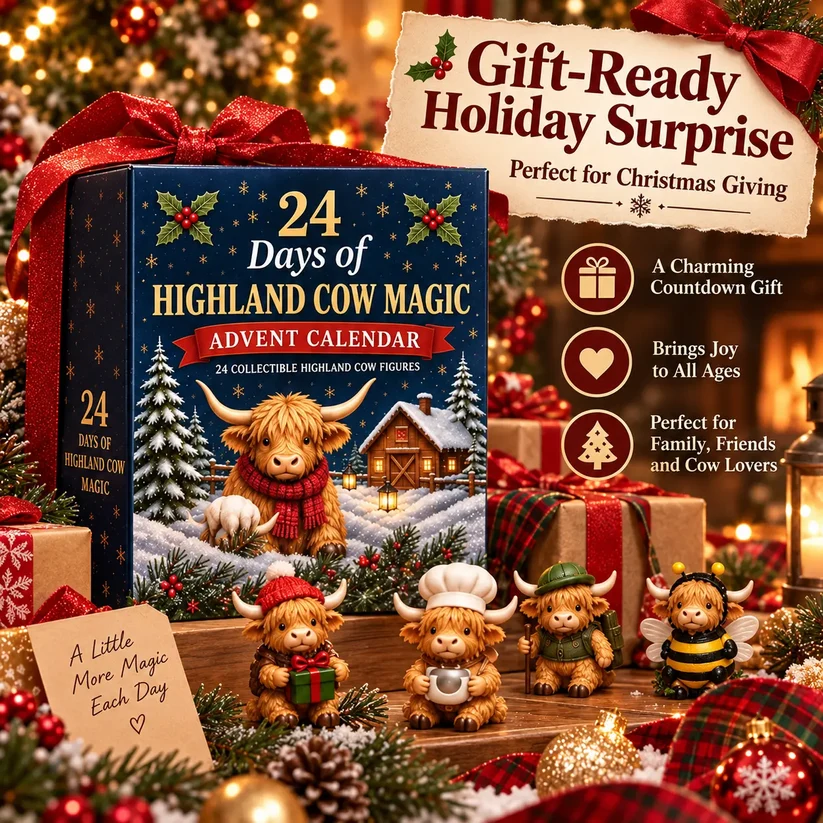 🐮 24-Day Highland Cow Christmas Advent Calendar – Festive Collectibles & Holiday Surprises