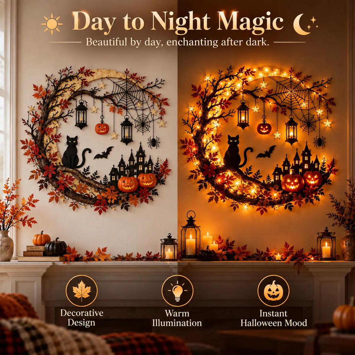 🎃 Enchanting Halloween Crescent Moon Wall Light with Black Cat & LED Lanterns 🐈