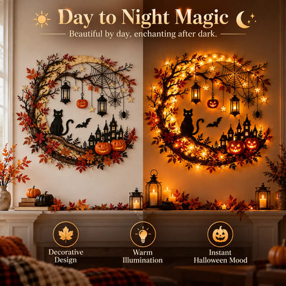🎃 Enchanting Halloween Crescent Moon Wall Light with Black Cat & LED Lanterns 🐈