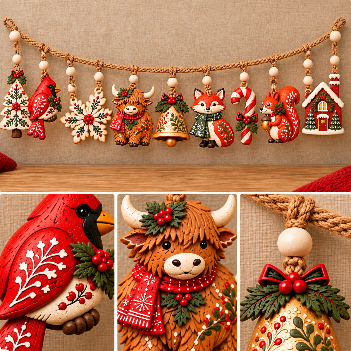 ✨🎄Christmas Woodland Garland Ornaments – Rustic Holiday Hanging Banner
