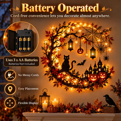 🎃 Enchanting Halloween Crescent Moon Wall Light with Black Cat & LED Lanterns 🐈