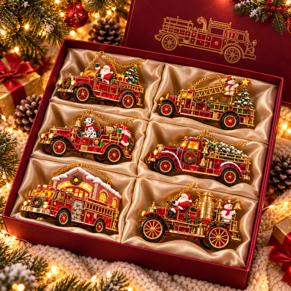 🚒🎄2026 Vintage Fire Truck Christmas Ornaments – Set of 6 | Stained-Glass Style with Festive Holiday Scenes & Golden Accents