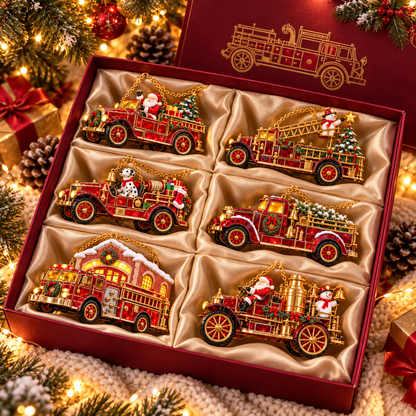 🚒🎄2026 Vintage Fire Truck Christmas Ornaments – Set of 6 | Stained-Glass Style with Festive Holiday Scenes & Golden Accents