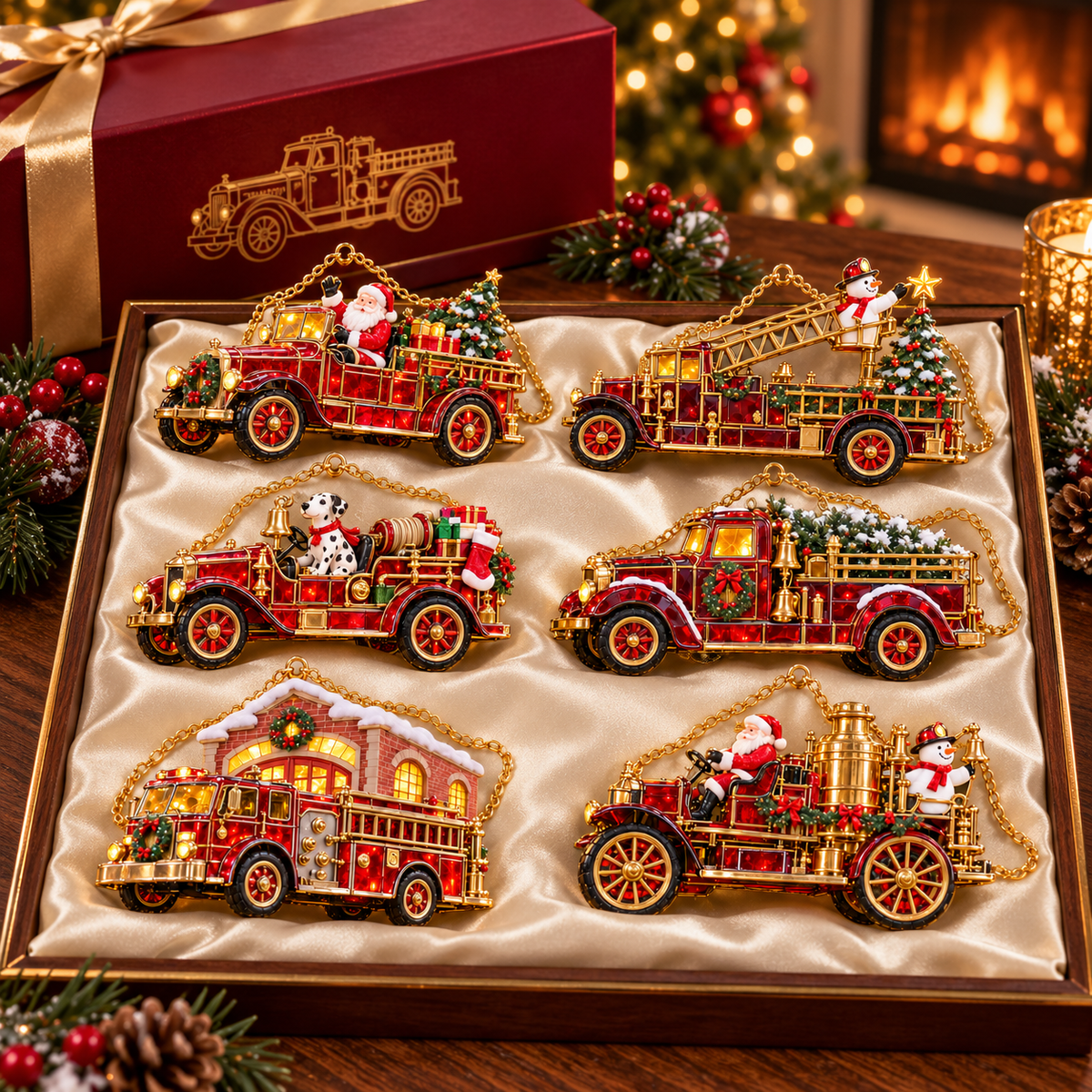 🚒🎄2026 Vintage Fire Truck Christmas Ornaments – Set of 6 | Stained-Glass Style with Festive Holiday Scenes & Golden Accents