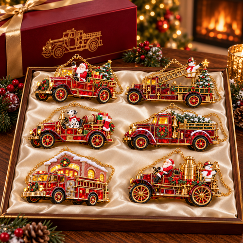 🚒🎄2026 Vintage Fire Truck Christmas Ornaments – Set of 6 | Stained-Glass Style with Festive Holiday Scenes & Golden Accents