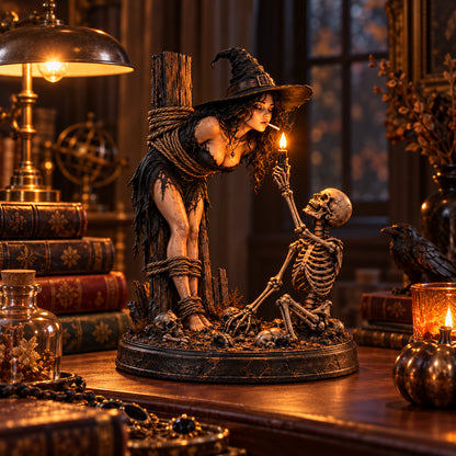 ✨💀Witch & Skeleton Candle Scene Figurine – Dark Gothic Halloween Tabletop Decor