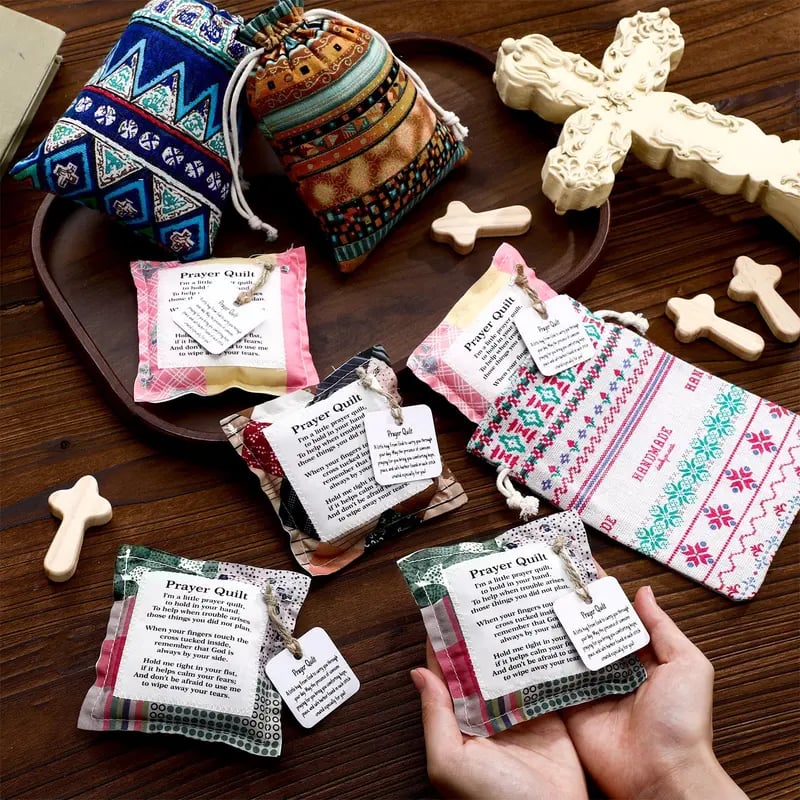 ⏰ LAST DAY 45% OFF - 🎁 Pocket Prayer Quilt Set | Mini Handmade Prayer Blankets with Cross & Drawstring Bag Christian Gifts ✝️