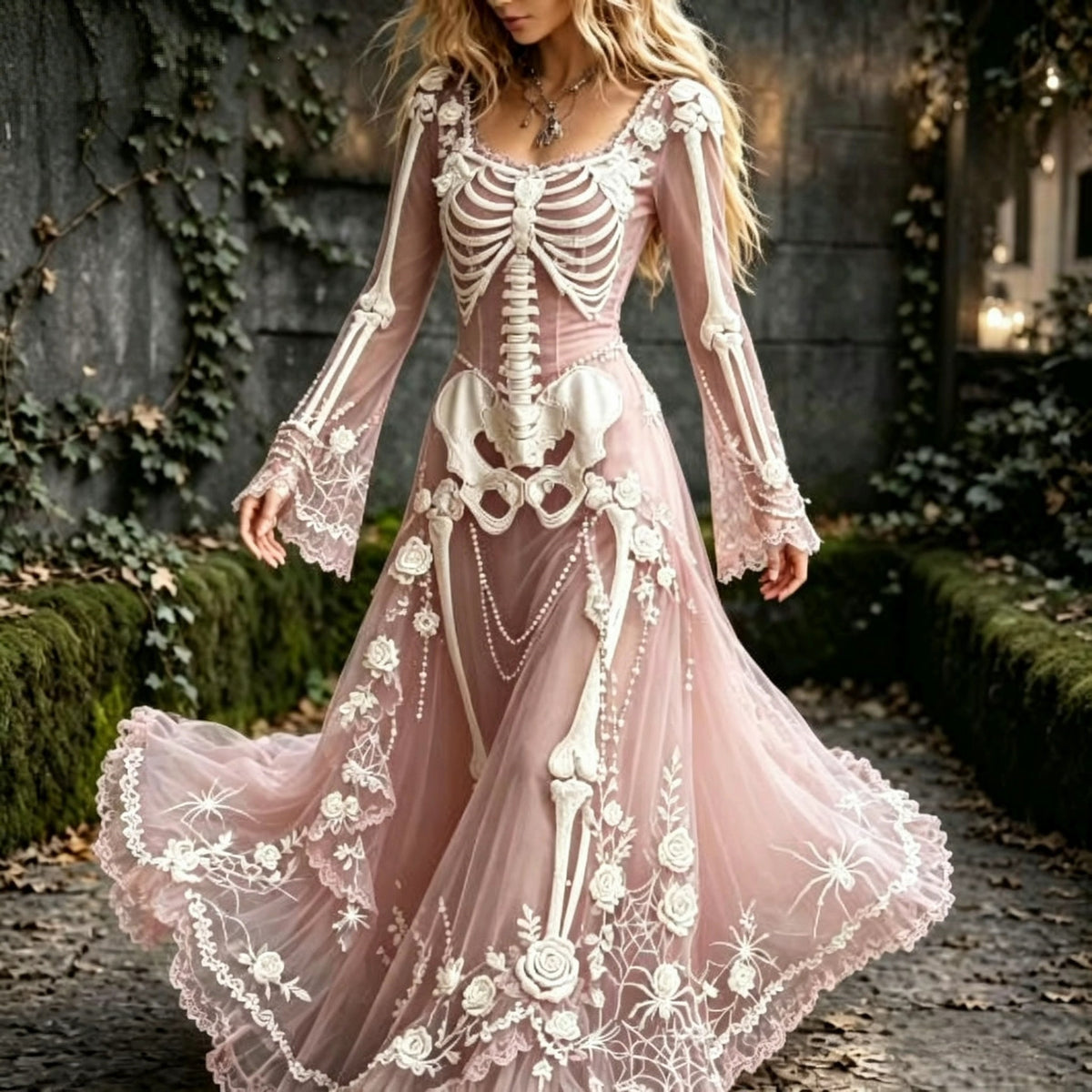 🌹 Gothic Skeleton & Rose Maxi Dress – Vintage Halloween Long Sleeve Dress