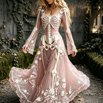 🌹 Gothic Skeleton & Rose Maxi Dress – Vintage Halloween Long Sleeve Dress