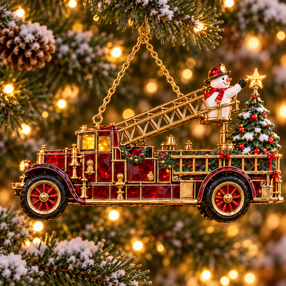 🚒🎄2026 Vintage Fire Truck Christmas Ornaments – Set of 6 | Stained-Glass Style with Festive Holiday Scenes & Golden Accents