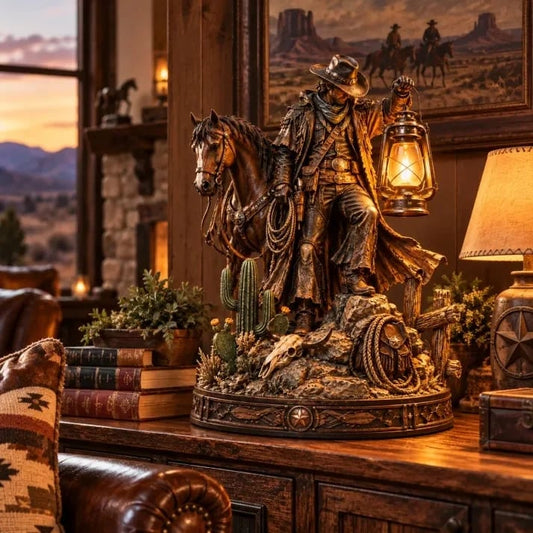 50% OFF🤠 Western Rider & Horse Lantern Statue | Rustic Cowboy Decor