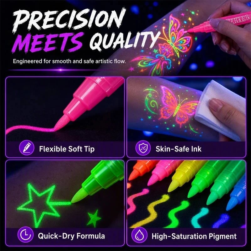 ✨ Glow Party Tattoo Pens – Neon Temporary Tattoo Markers for Parties, Festivals & Night Events 🎨🌈