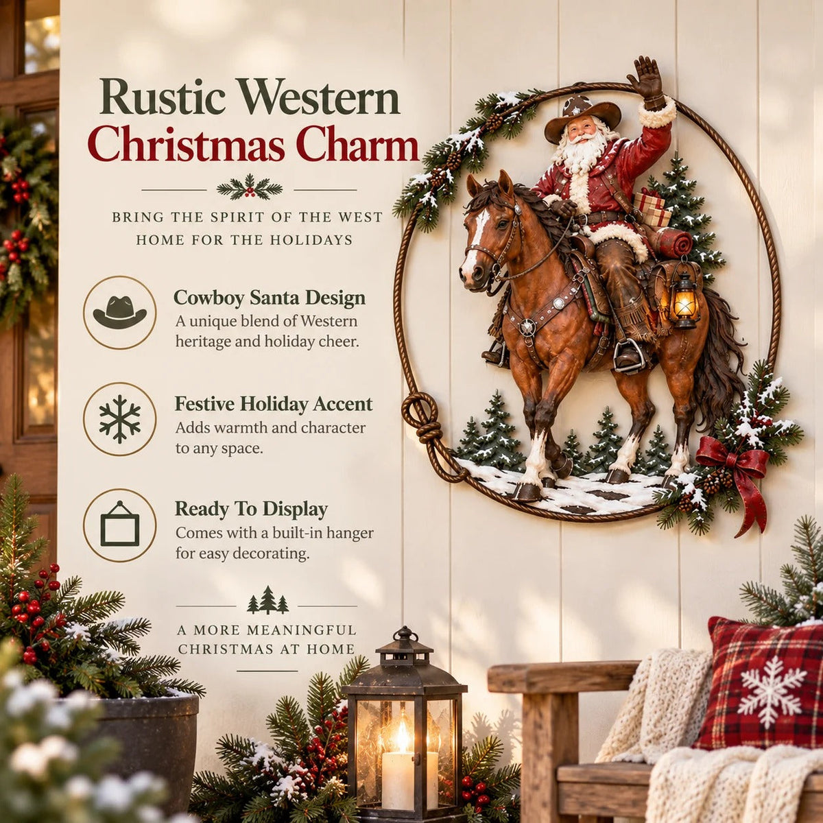 🤠🐎 Cowboy Santa Ranch Christmas Wall Art – Rustic Horse & Lasso Holiday Accent