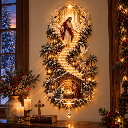 ⏳ Last day to save 49% –✨ Jesus Light of Heaven Christmas Wall Hanging | Illuminated Nativity Stairway Decor ✝️