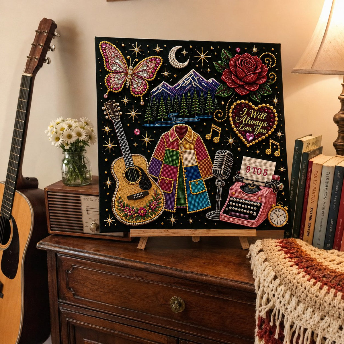 💥 LAST DAY 49% OFF – 🎶 Country Music 3D Pearl Art Kit 💎 – DIY Flocked Canvas Tribute Craft with Resin Pearls