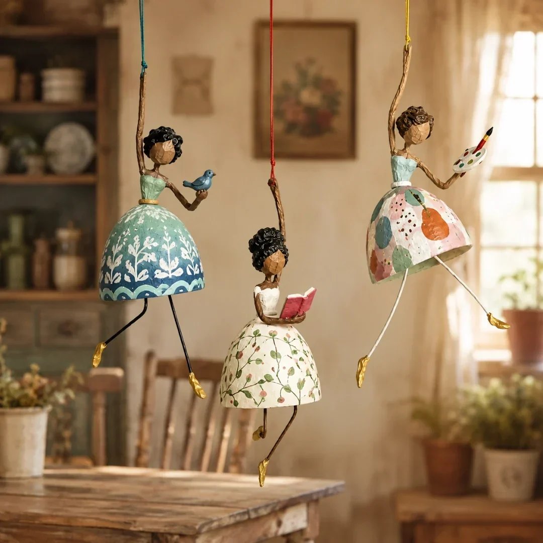 🌸 Hand-Painted Dancing Lady Hanging Ornament — Whimsical Folk Art That Danced Off the Page | Handcrafted Floral Bell-Skirt, Wire Legs & Little Songbird Charm | Charming Decor for Porch, Sunroom, Nursery & Reading Nook