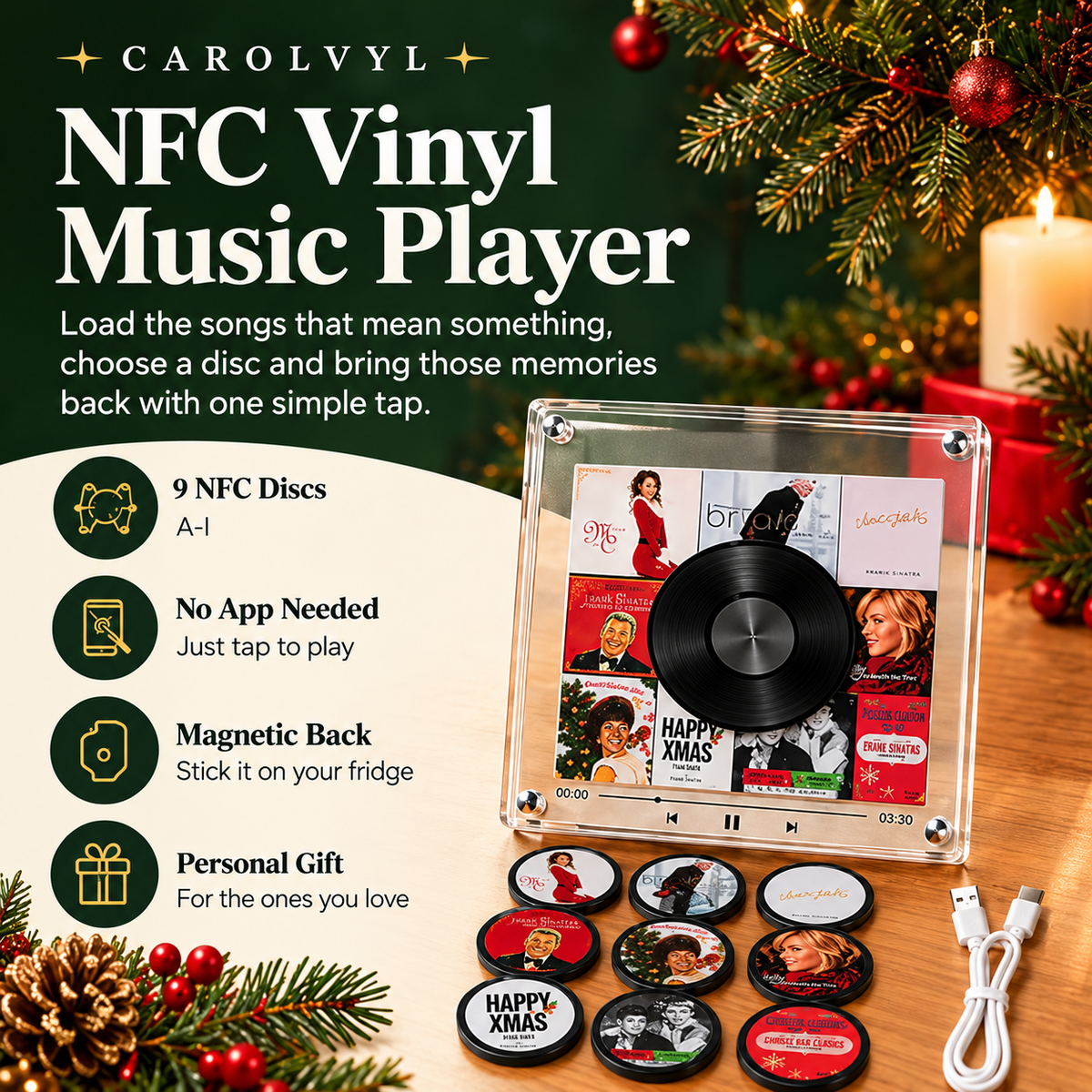🎵 NFC Vinyl Music Player – Personalized Christmas Song Disc Gift