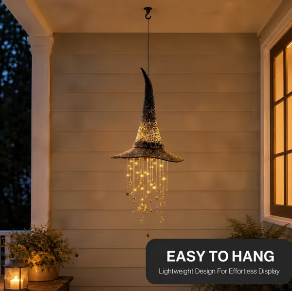 🧙‍♀️ Lighted Witch Hat Hanging Chime ✨ Battery-Powered Halloween Décor