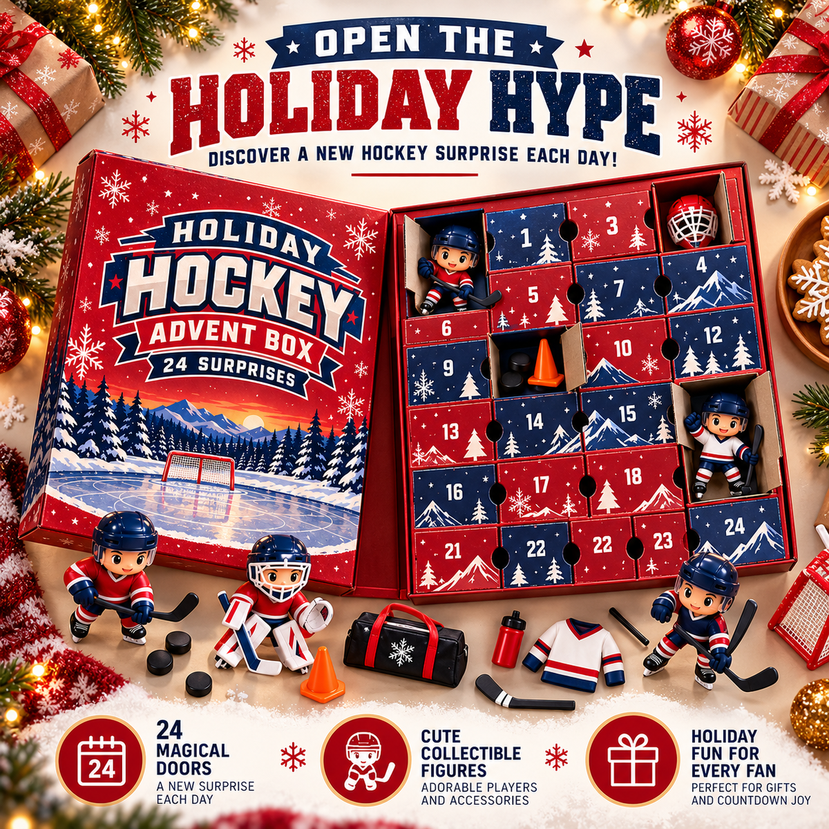 🎄 PuckJoy™ Hockey Advent Calendar – Christmas Ice Hockey Surprise Gift Box for Fans