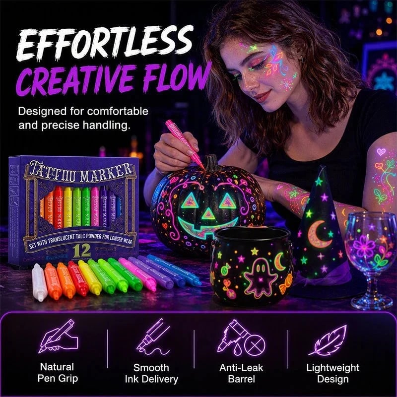 ✨ Glow Party Tattoo Pens – Neon Temporary Tattoo Markers for Parties, Festivals & Night Events 🎨🌈