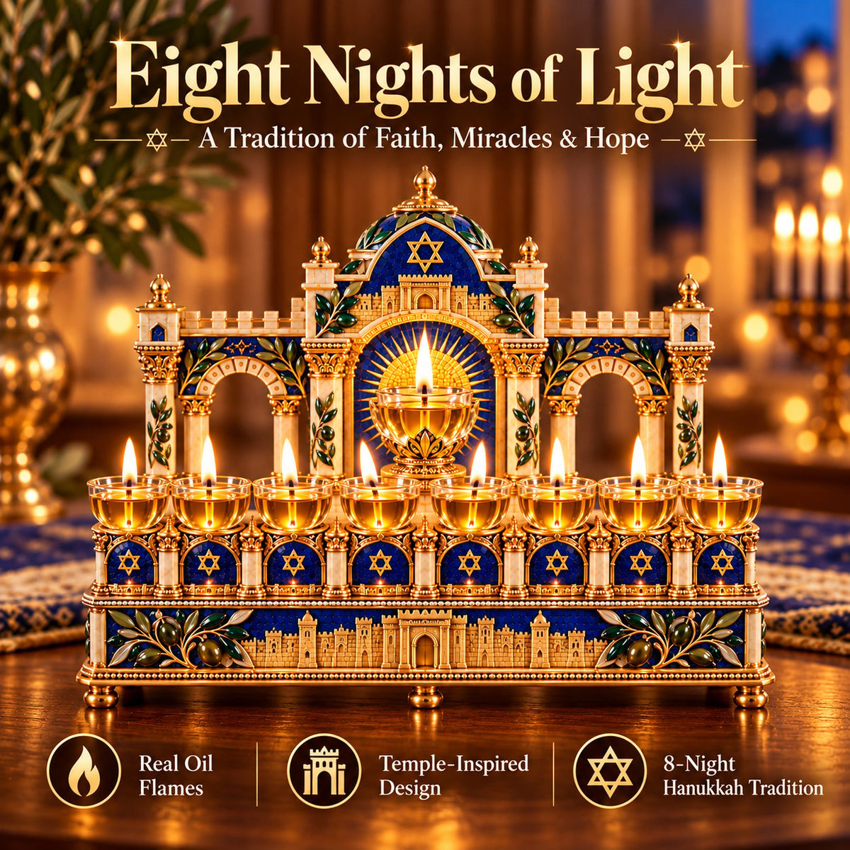 🕎 8-Night Hanukkah Oil Lamp Centerpiece – Traditional Menorah-Inspired Holiday Decor