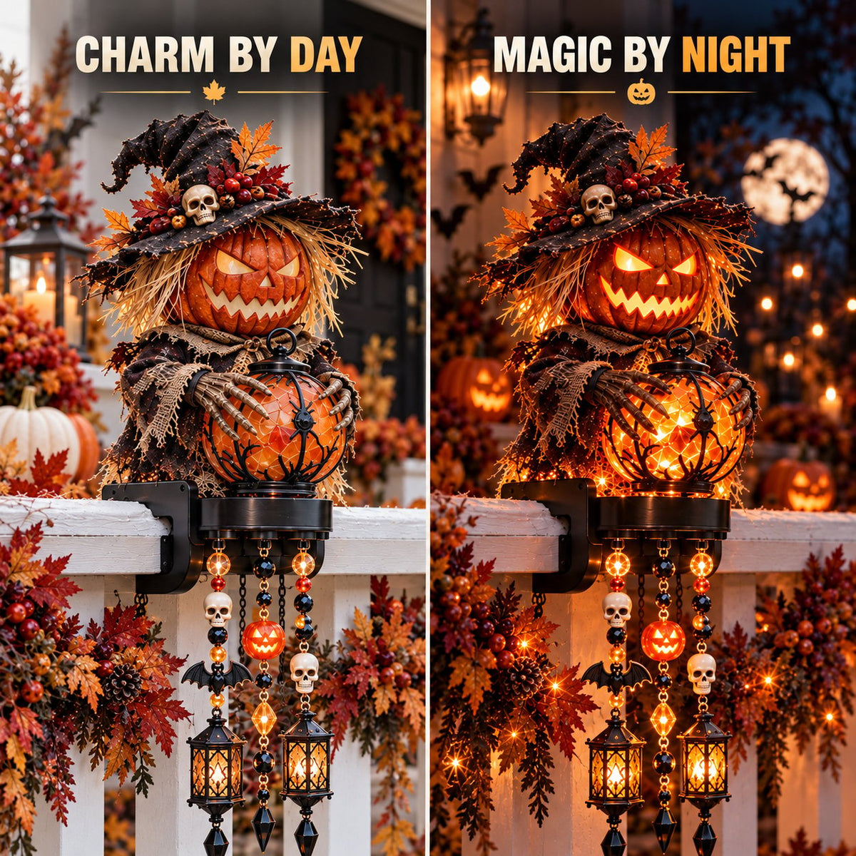 📍🎃 Halloween Character Glow Cascade Railing Lights – Pumpkin, Witch, Ghost & Black Cat