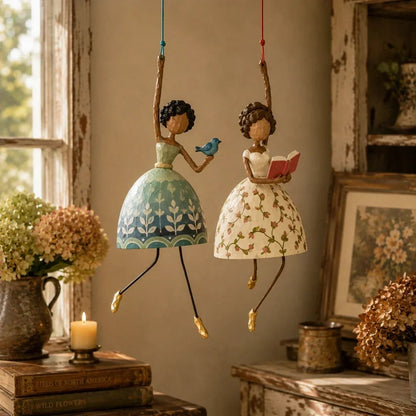 🌸 Hand-Painted Dancing Lady Hanging Ornament — Whimsical Folk Art That Danced Off the Page | Handcrafted Floral Bell-Skirt, Wire Legs & Little Songbird Charm | Charming Decor for Porch, Sunroom, Nursery & Reading Nook