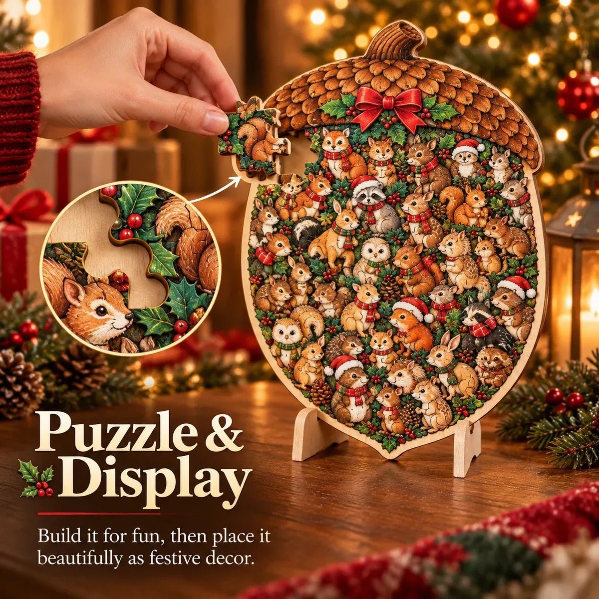 🎄🧩 Wooden Christmas Puzzle Set with Stand – 9 Festive Designs to Build & Display