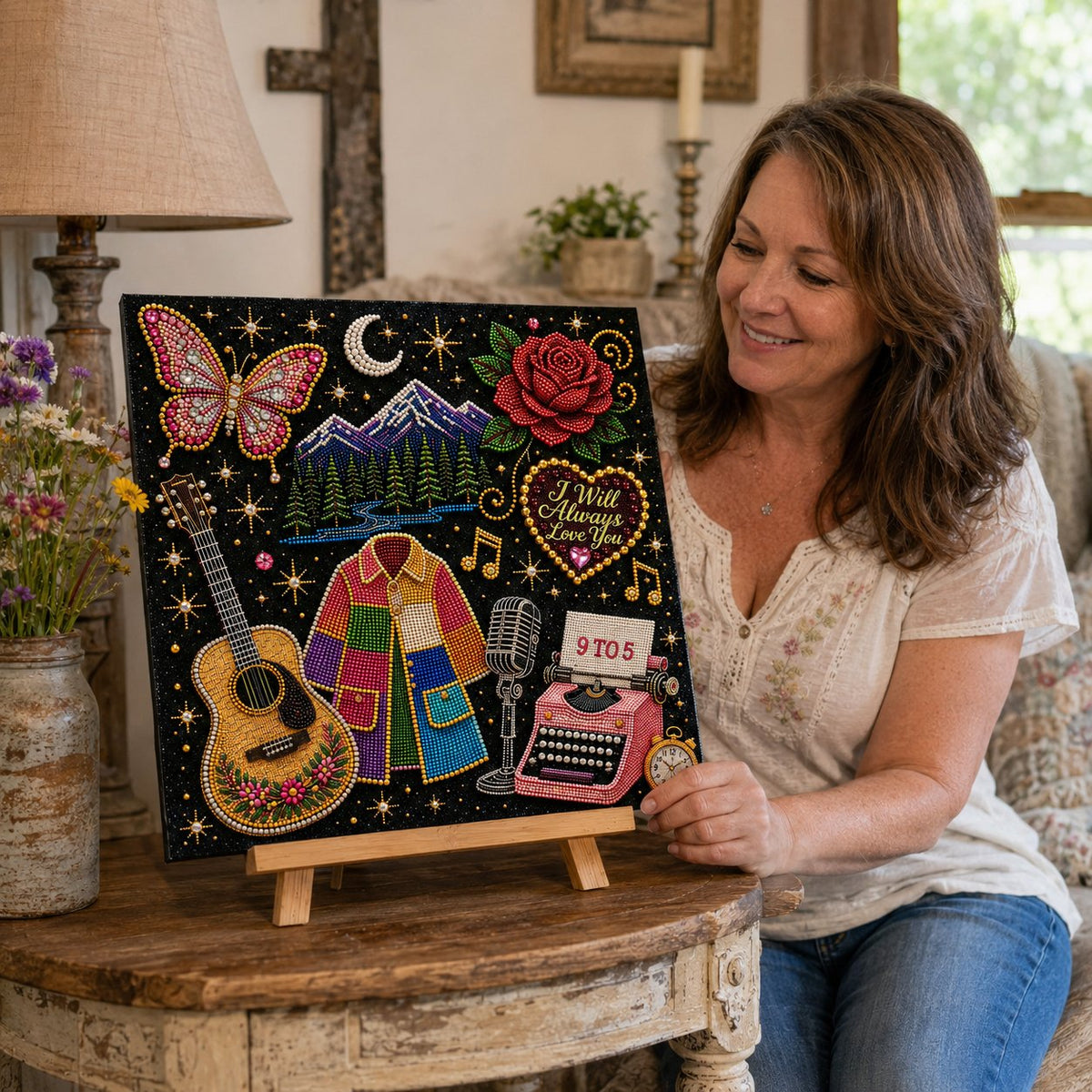 💥 LAST DAY 49% OFF – 🎶 Country Music 3D Pearl Art Kit 💎 – DIY Flocked Canvas Tribute Craft with Resin Pearls