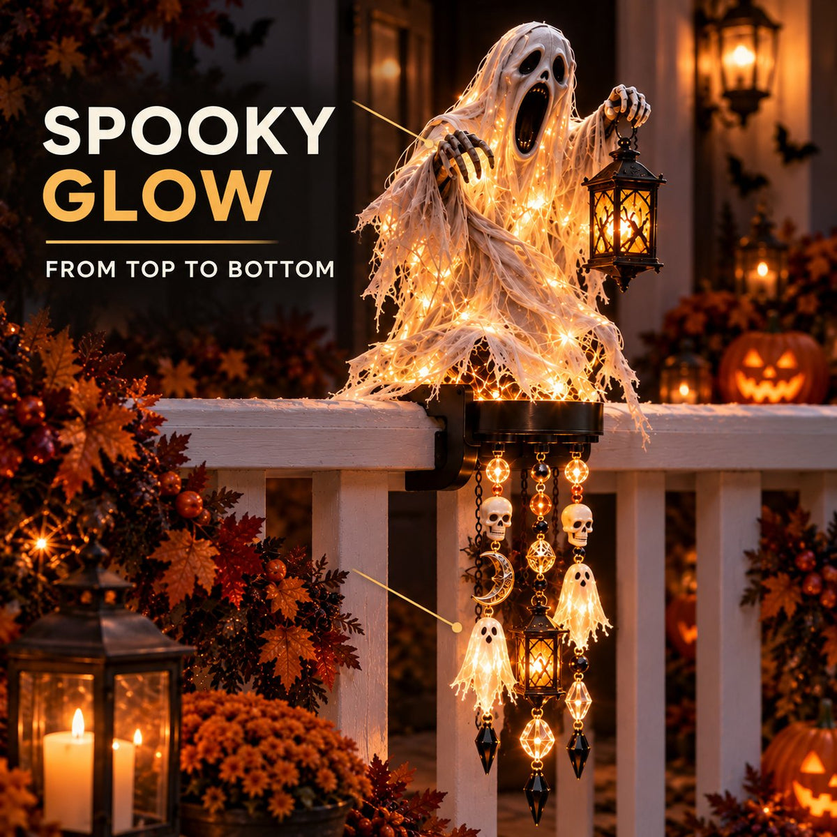📍🎃 Halloween Character Glow Cascade Railing Lights – Pumpkin, Witch, Ghost & Black Cat