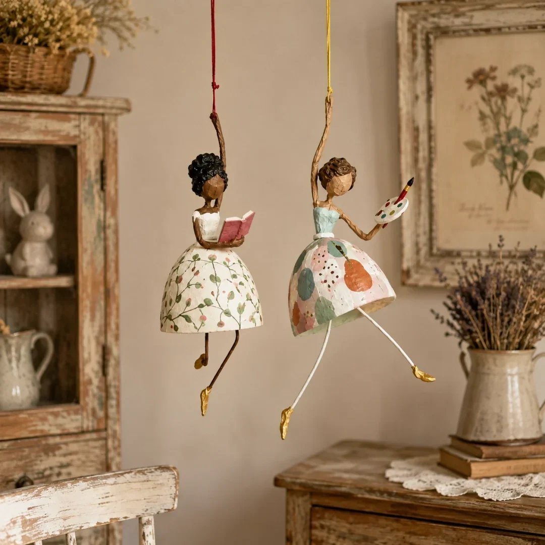 🌸 Hand-Painted Dancing Lady Hanging Ornament — Whimsical Folk Art That Danced Off the Page | Handcrafted Floral Bell-Skirt, Wire Legs & Little Songbird Charm | Charming Decor for Porch, Sunroom, Nursery & Reading Nook