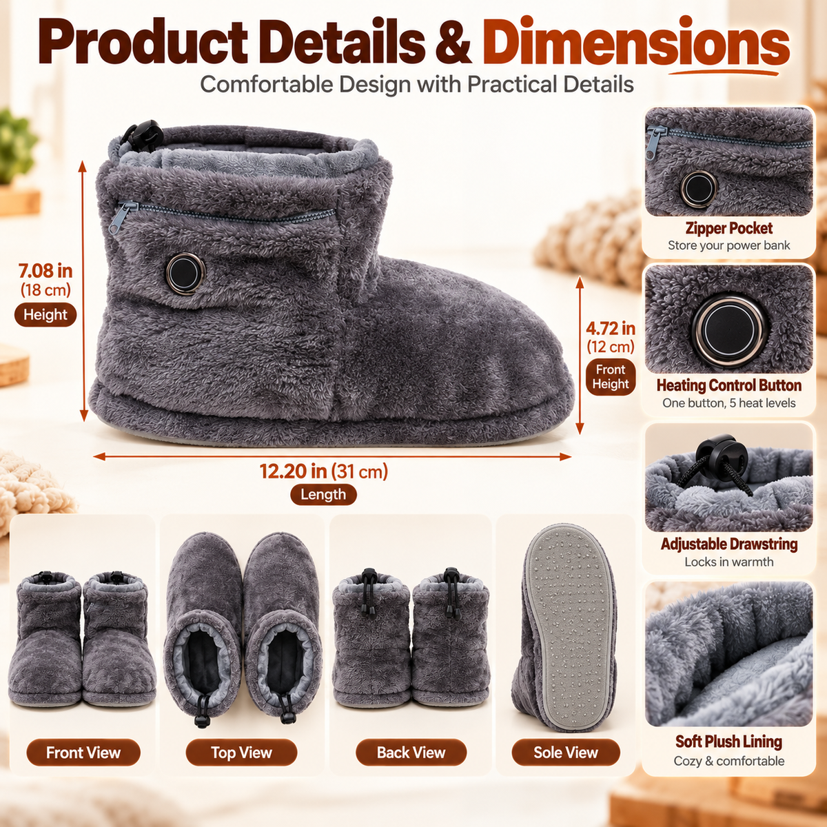 🔥 Heated Plush Slipper Boots – Cozy Warm Indoor Winter Slippers