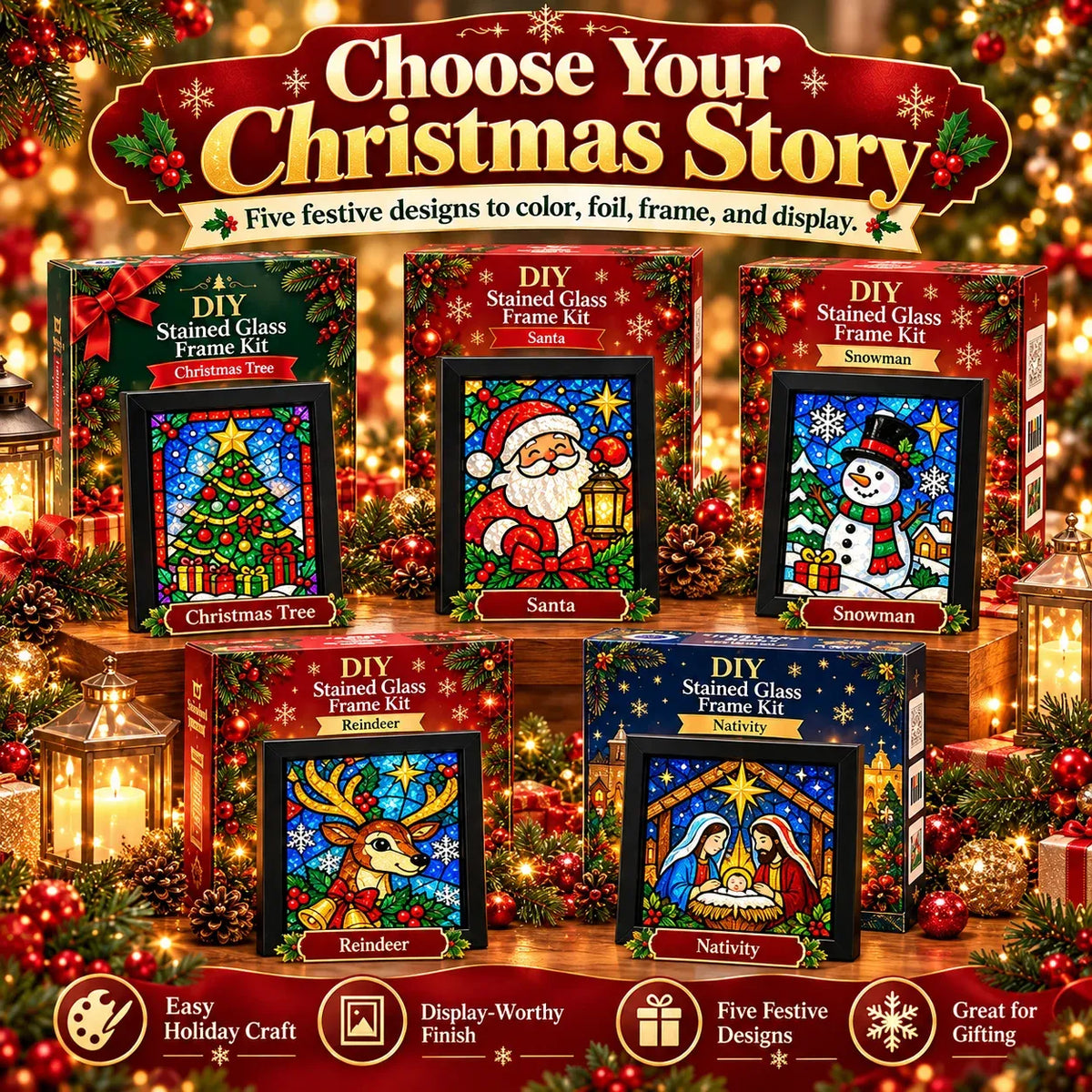 ⏳ Last Day 49% OFF – 🎄Beginner-Friendly Christmas Stained Glass-Style Frame Kit | 8 Festive Designs with Pens, Foil & Frame ✨