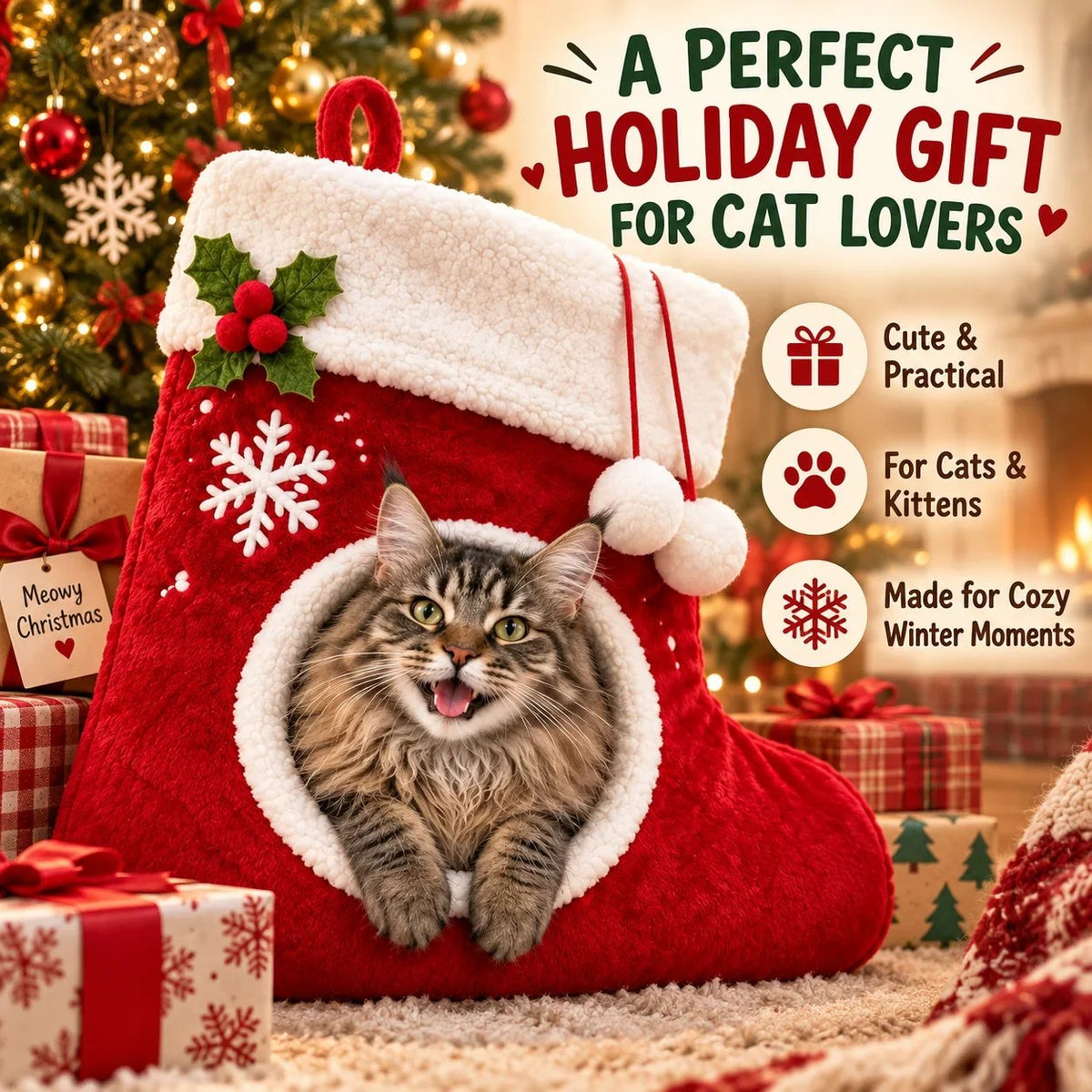 💯🎄 Christmas Stocking Cat Bed – Ultra-Soft Sherpa Cozy Hideaway for Cats 🐱