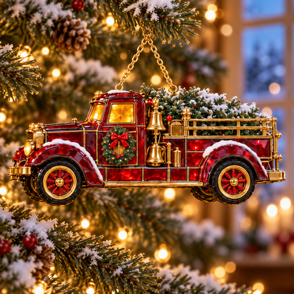 🚒🎄2026 Vintage Fire Truck Christmas Ornaments – Set of 6 | Stained-Glass Style with Festive Holiday Scenes & Golden Accents