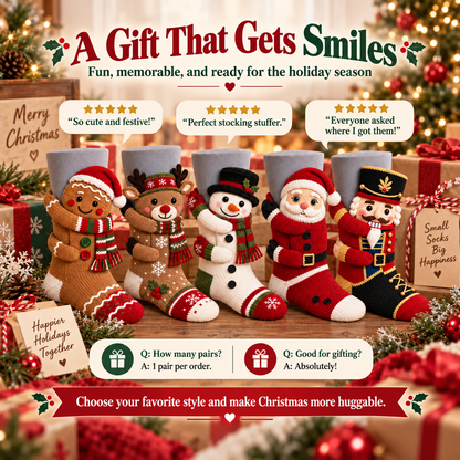 🎄 3D Hugging Christmas Character Socks – Cozy Knit Holiday Gift Socks