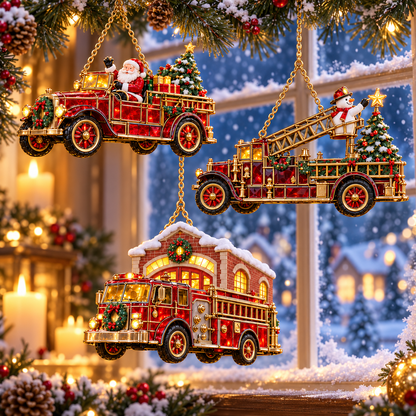 🚒🎄2026 Vintage Fire Truck Christmas Ornaments – Set of 6 | Stained-Glass Style with Festive Holiday Scenes & Golden Accents